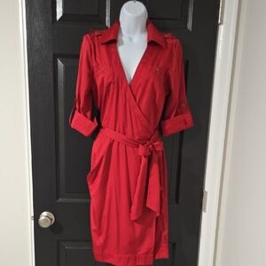 VENUS Red Collared Wrap Dress with Waist Tie